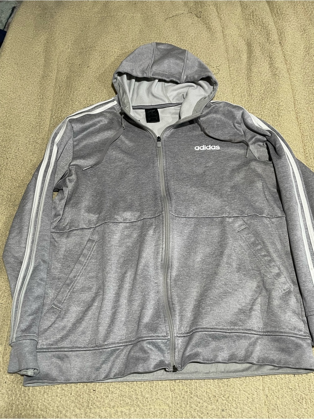 adidas Gray Full-Zip Hooded Track Jacket with White Stripes